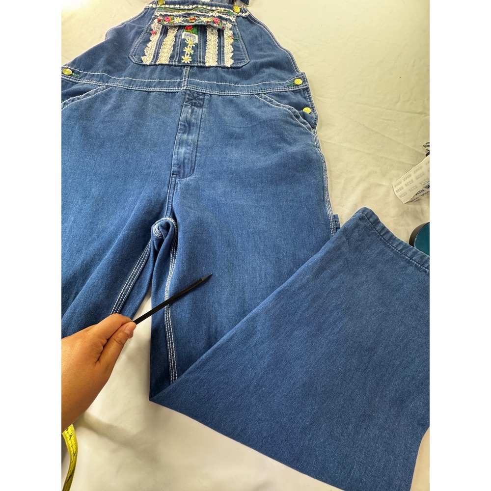 Liberty Overalls Vintage Denim Floral Embroidery Lace Trim Carpenter Blue L/XL - Picture 6 of 16